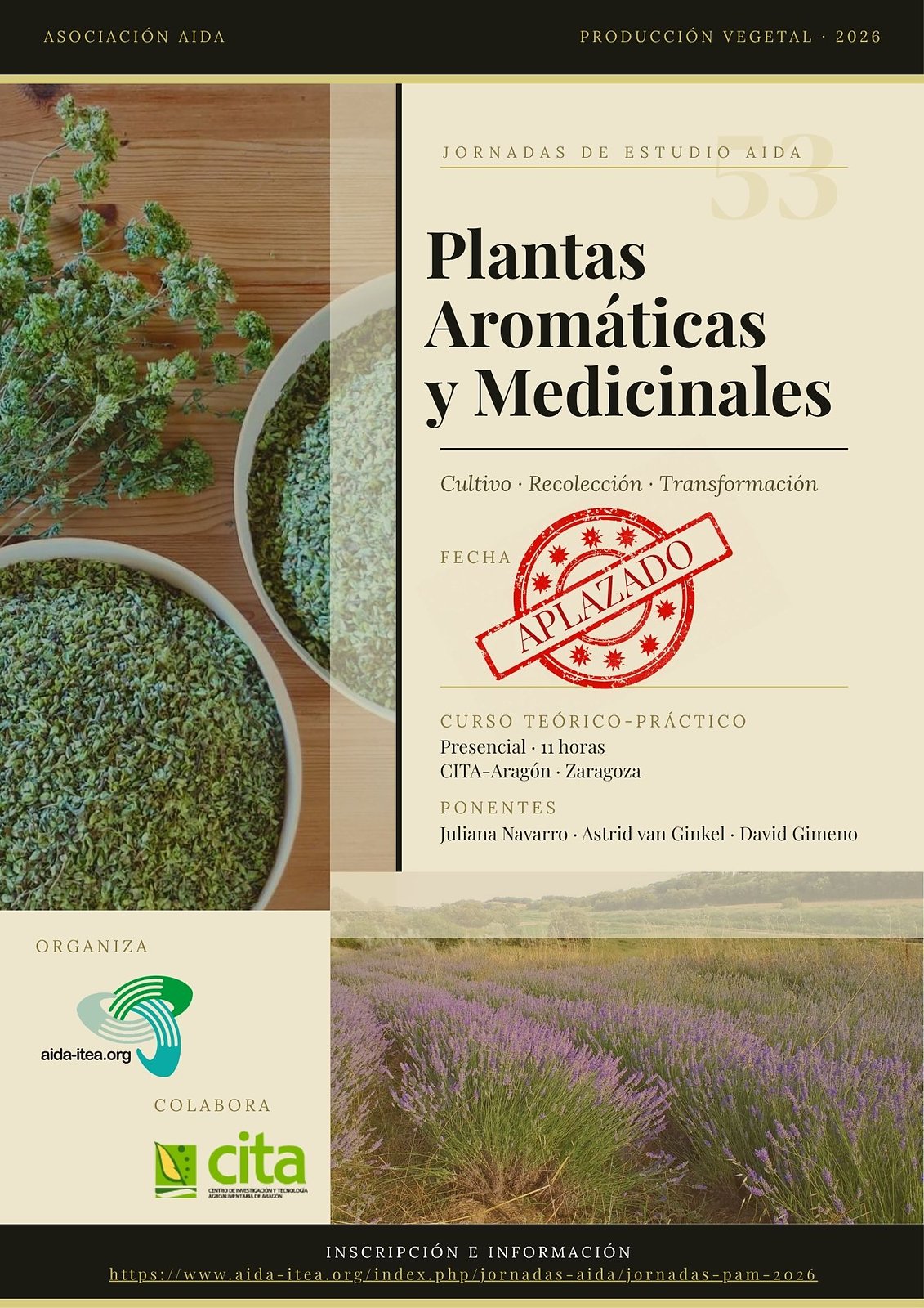 Cartel de las 53.ª Jornadas de Estudio AIDA: curso teórico-práctico sobre plantas aromáticas y medicinales (aplazado)
