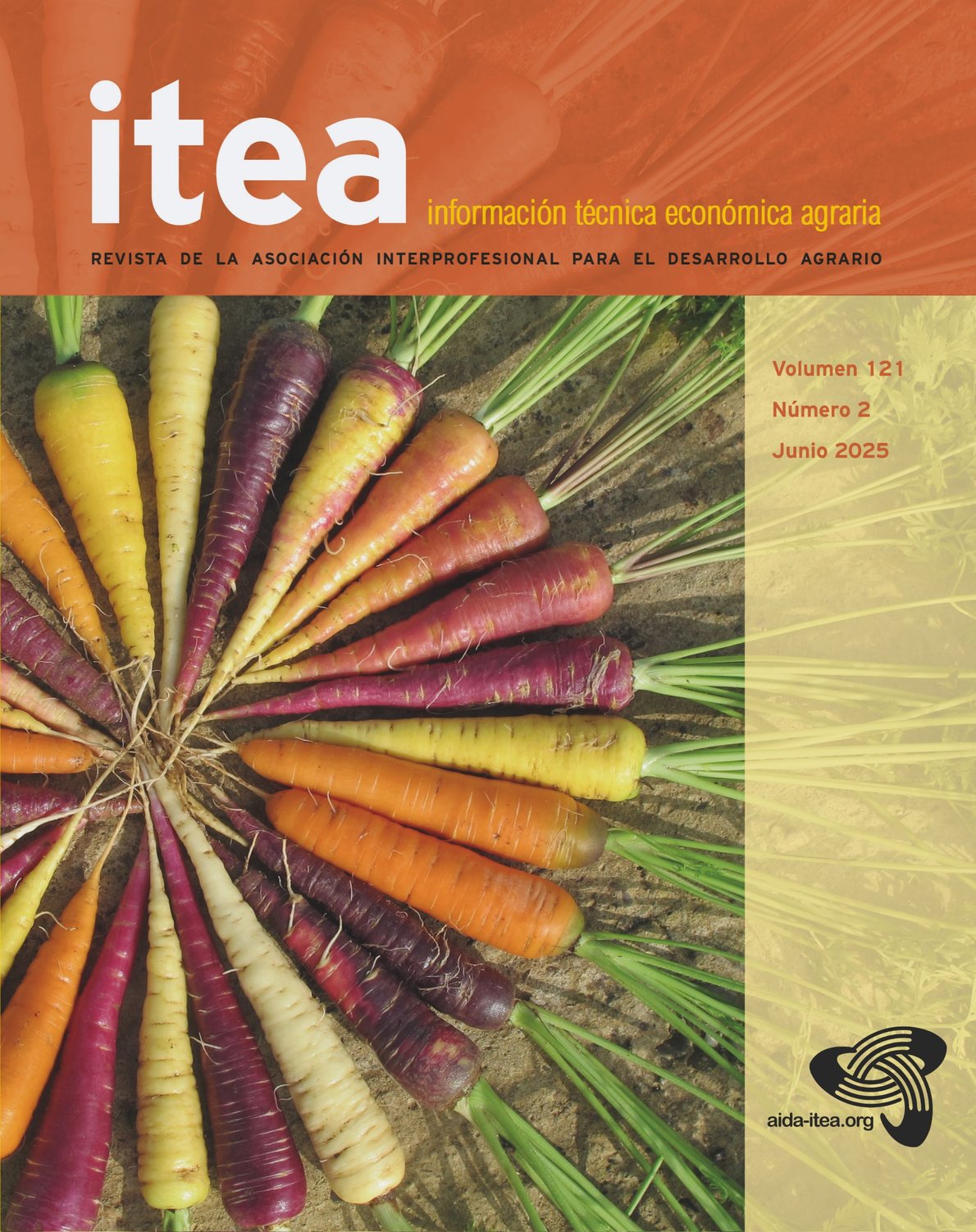 Portada del volumen 121(2) de ITEA: zanahorias de varios colores dispuestas en círculo (foto de Cristina Mallor)